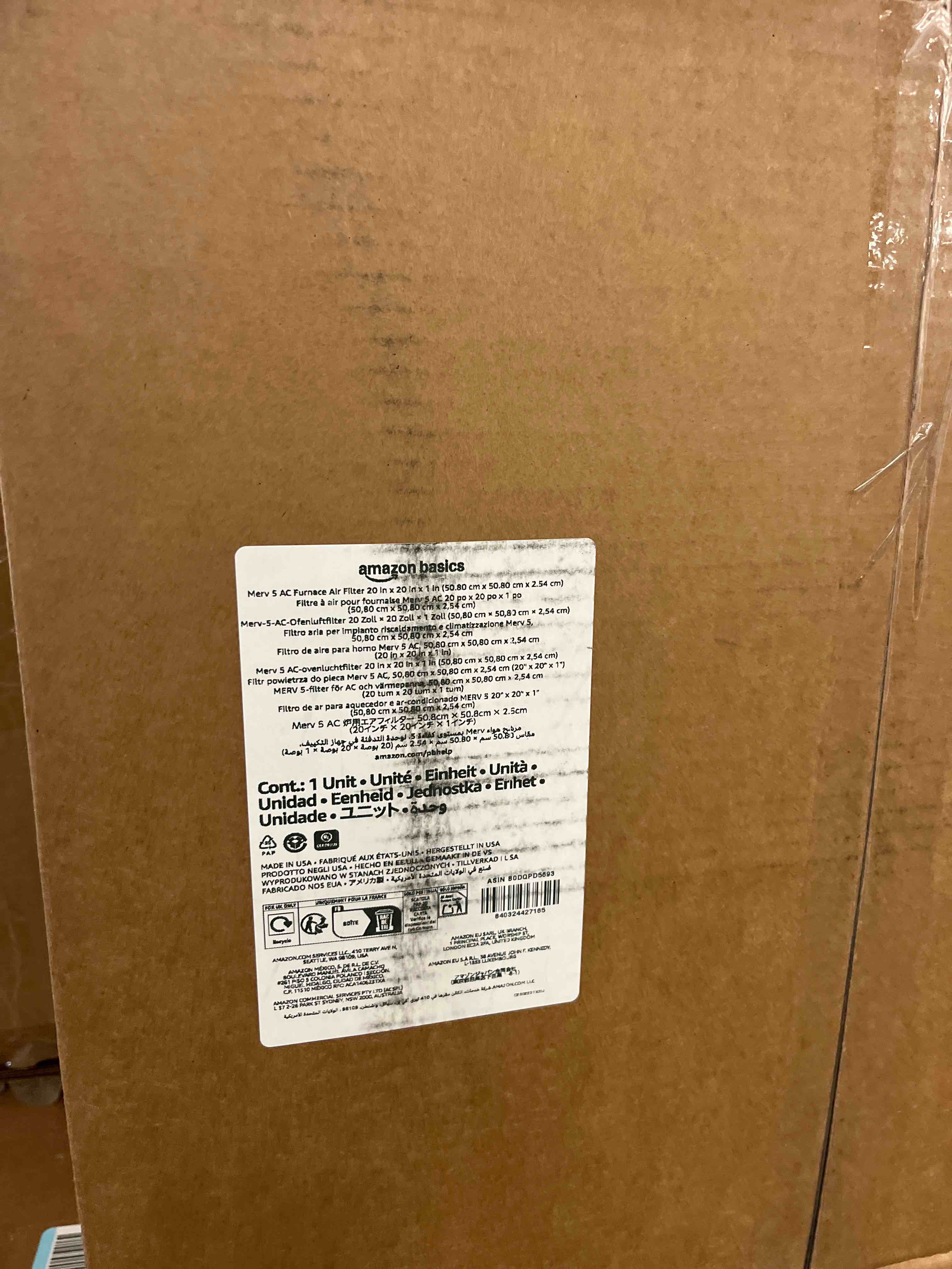 Condition photo showing New/Like New for amazon basics merv 5 ac furnace air filter, 20x20x1 inches, 6-pack (actual size: 19.75" x 19.75" x 0.75")
