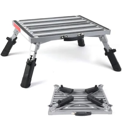 prime 1 safety rv steps extra large platform 19in x 14.5in extra size rv folding step stool and ladder, 600lbs, height adjustable, aluminium with reflective stripe, anti-slip surface and extra grip