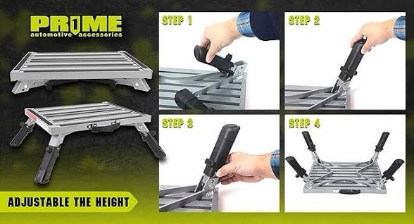 Condition photo showing New/Like New for prime 1 safety rv steps extra large platform 19in x 14.5in extra size rv folding step stool and ladder, 600lbs, height adjustable, aluminium with reflective stripe, anti-slip surface and extra grip