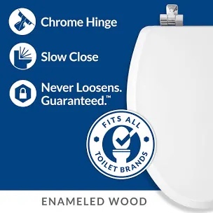 Condition photo showing New/Like New for mayfair edgewater - elongated enameled wood toilet seat in white with sta-tite  seat fastening system  and chrome hinge