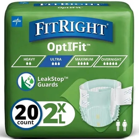fitright optifit ultra adult diapers, disposable incontinence briefs, leak-proof diaper, absorbent briefs for men and women, maximum protection, 2xl, 60 - 70 in, 20 briefs per bag