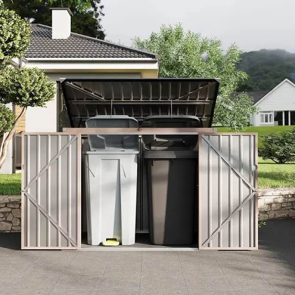 Garvee 3x6ft Metal Outdoor Storage Shed for 2 Trash Cans, Garbage Bin Shed with Chain Lid, Durable Garden, Backyard & Patio Storage