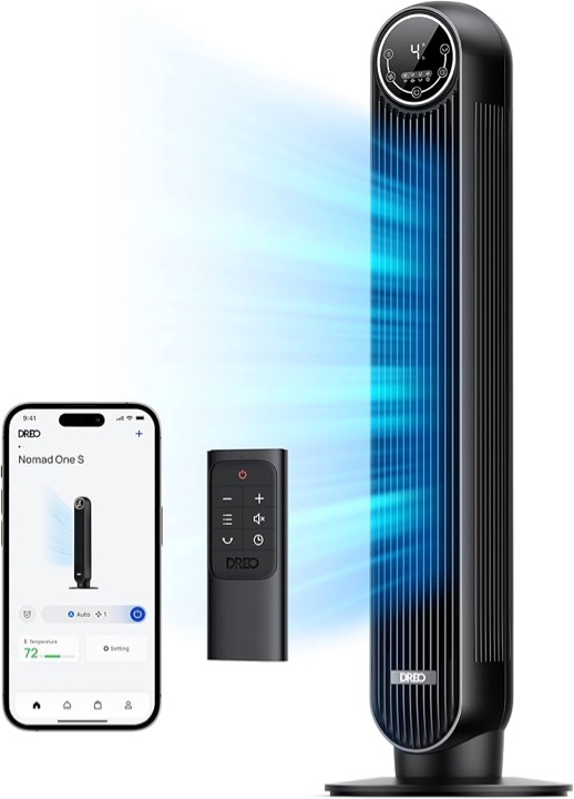 dreo tower fan with remote  smart oscillating quiet fans for bedroom  bladeless standing cooling floor fan with wifi voice control blow cold air  4 modes  4 speeds  8h timer  works with alexa/google