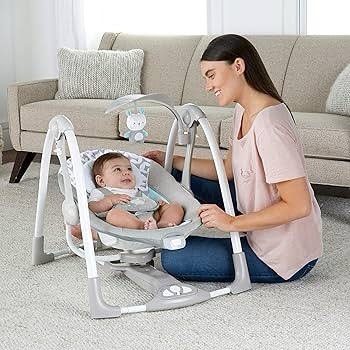 ingenuity convertme 2-in-1 compact portable automatic baby swing & infant seat, battery-saving vibrations, nature sounds, 0-9 months 6-20 lbs (swell)