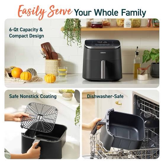 Condition photo showing New/Like New for cosori air fryer 9-in-1, compact & large 6-qt, fast turbo modes, 90–450°f precise heat for even results, up to 95% less oil, roast, bake, dry, reheat, frozen, broil, proof, 120v, turboblaze, grey