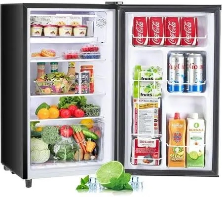 Condition photo showing New/Like New for igloo 3.2 cu.ft. single door compact refrigerator with freezer - slide out glass shelf, perfect for homes, offices, dorms - black