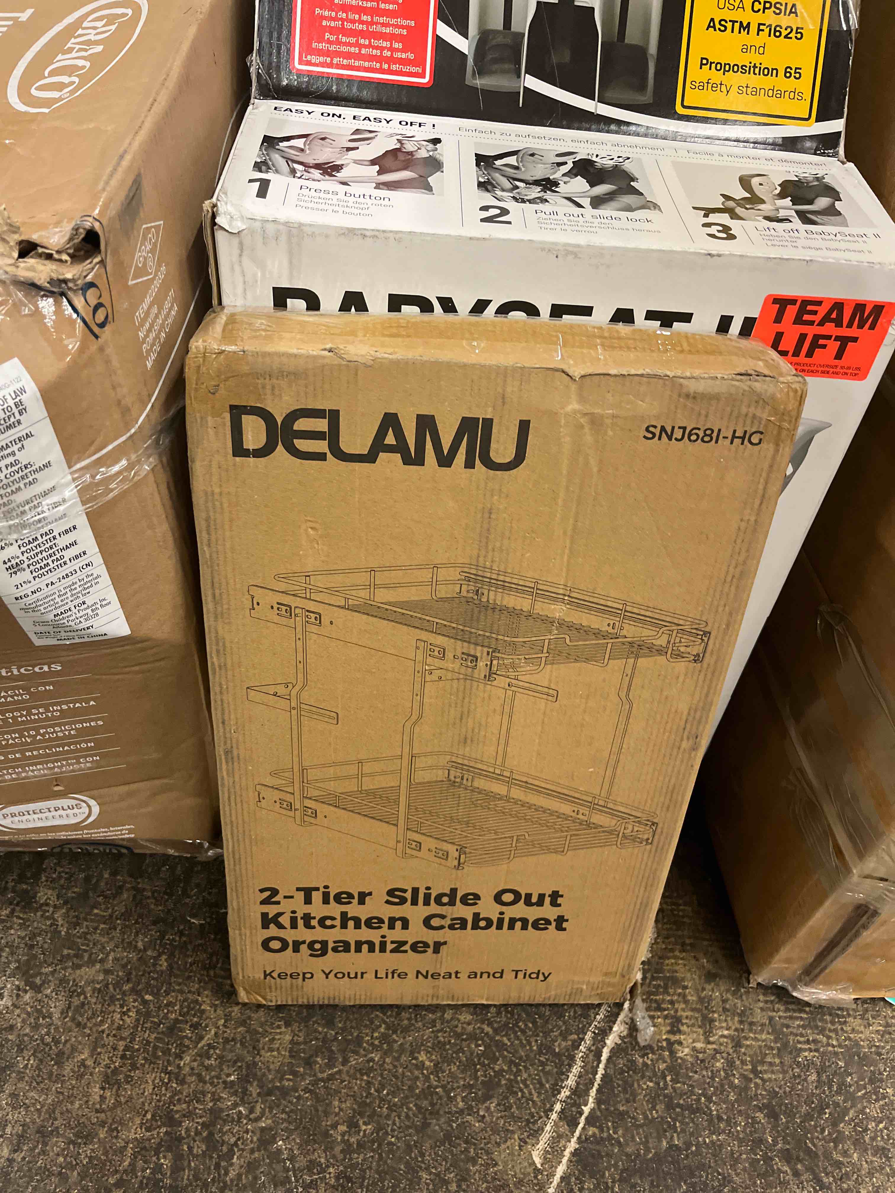 Condition photo showing New/Like New for delamu 14" w x 21" d pull out cabinet organizer, 2 tier heavy duty cabinet shelf organizers, cabinet slide out shelves for kitchen, pantry and bathroom, silver