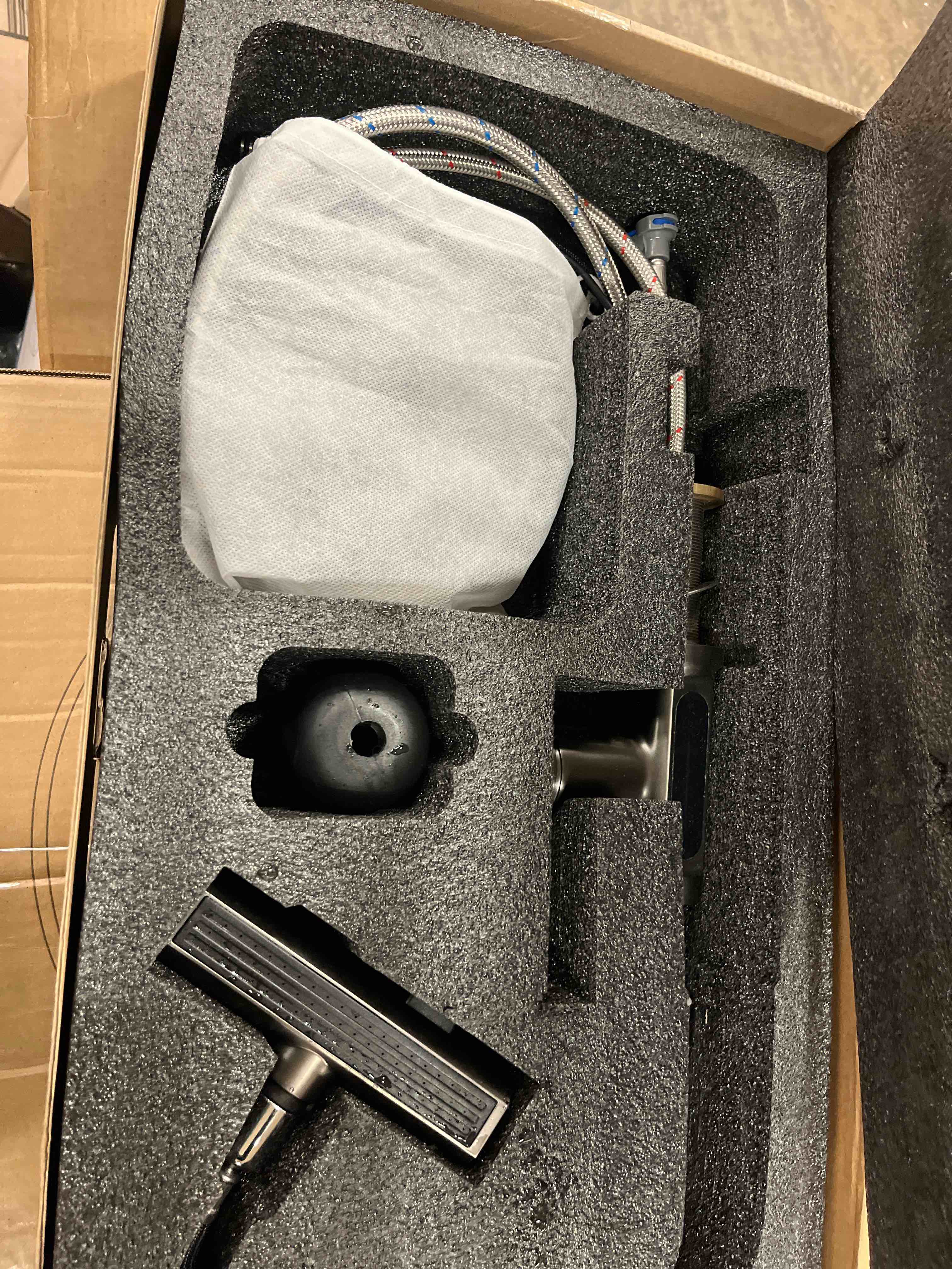 Condition photo showing New/Like New for stainless steel pull down kitchen faucet - 3-in-1 hot & cold water, single handle, tap for home & restaurant, modern gray finish