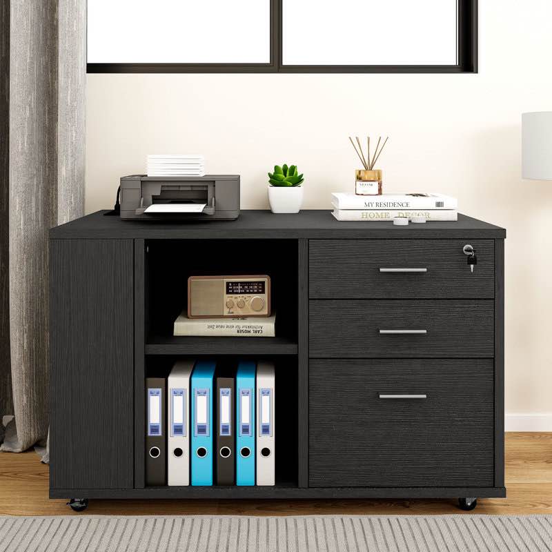 Ardeha 39" W 3-Tiers Wood Storage File Cabinet with 3 Drawers &3 Side Storage Shelve &Built-In Outlet