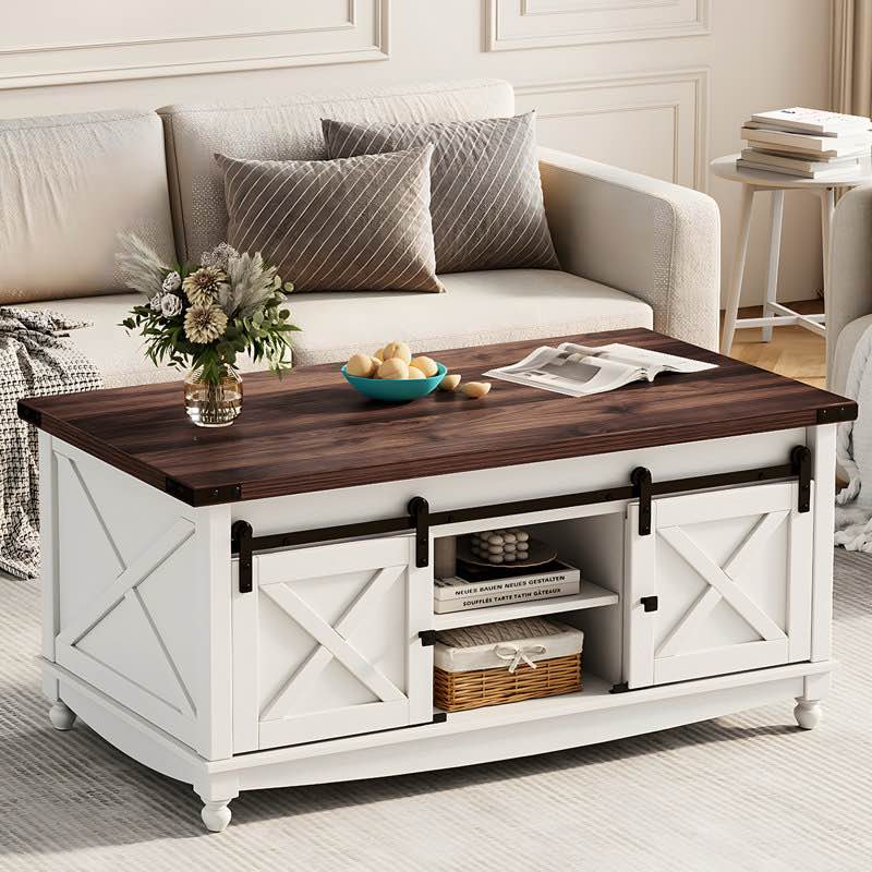 givens farmhouse lift top coffee table with storage sliding barn door