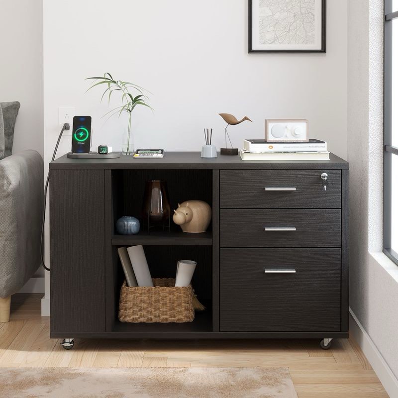 3-Drawer Lateral Mobile Wood Filing Cabinet with 3 Open Side Shelves