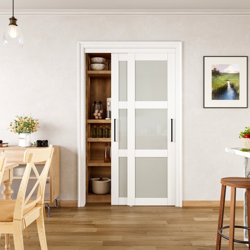 80" closet sliding door tempered frosted  3 lite white with hardware & king size handles