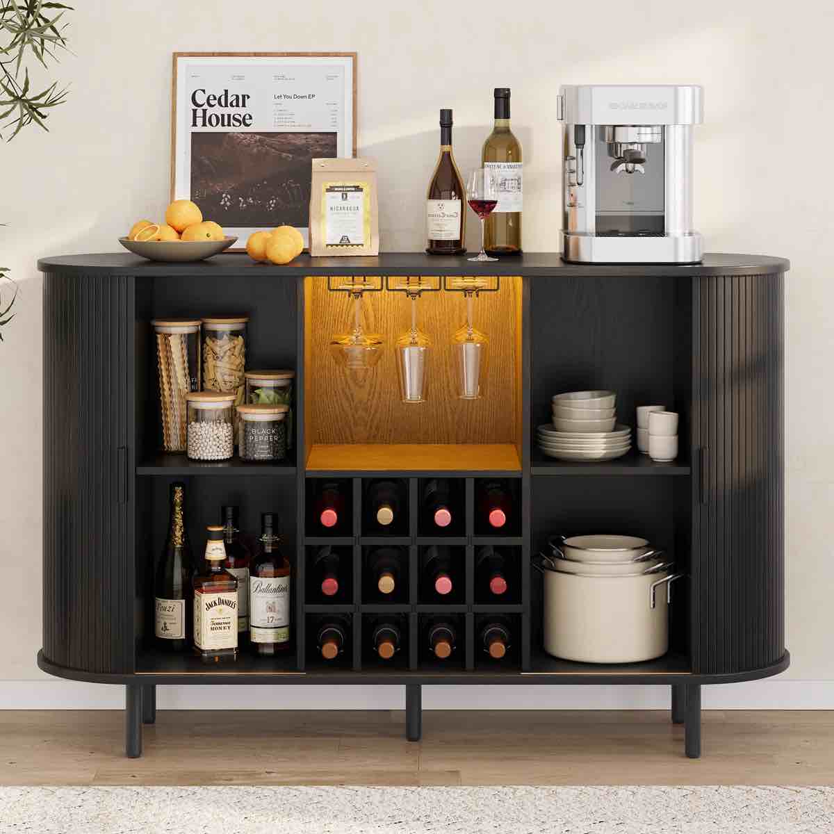 55" wine bar cabinet with led light,modern liquor whiskey coffee station with wine rack and glass holder, farmhouse buffet sideboard with storage for living room, kitchen, entryway (black)