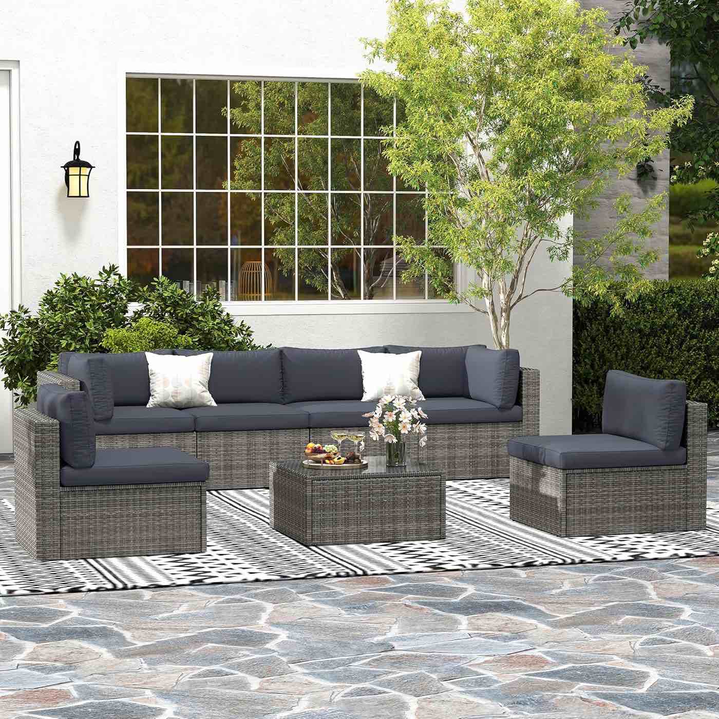 7 Pieces Outdoor Patio Furniture Sets with Glass Tea Table, PE Rattan Wicker Patio Conversation Set with Washable Cushions, Outdoor Patio Sectional Sofa Couch, Grey