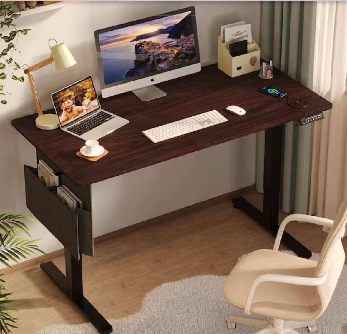 Bestier 55.12 in. Rectangular Dark Walnut Wood Sit to Stand Desk with 3 Height Memory Presets and USB Port