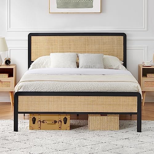 Garvee Full Size Metal Bed Frame with Rattan Headboard and Footboard, Platform Bed Frame with Safe Rounded Corners, Under Bed Storage, Strong Metal Slat Support, No Box Spring Needed