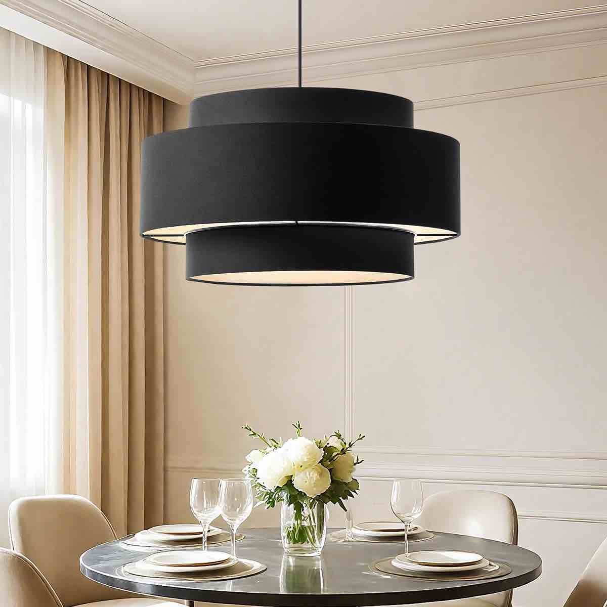 3-Light Black Dimmable Drum Chandelier With Adjustable Hanging Height 