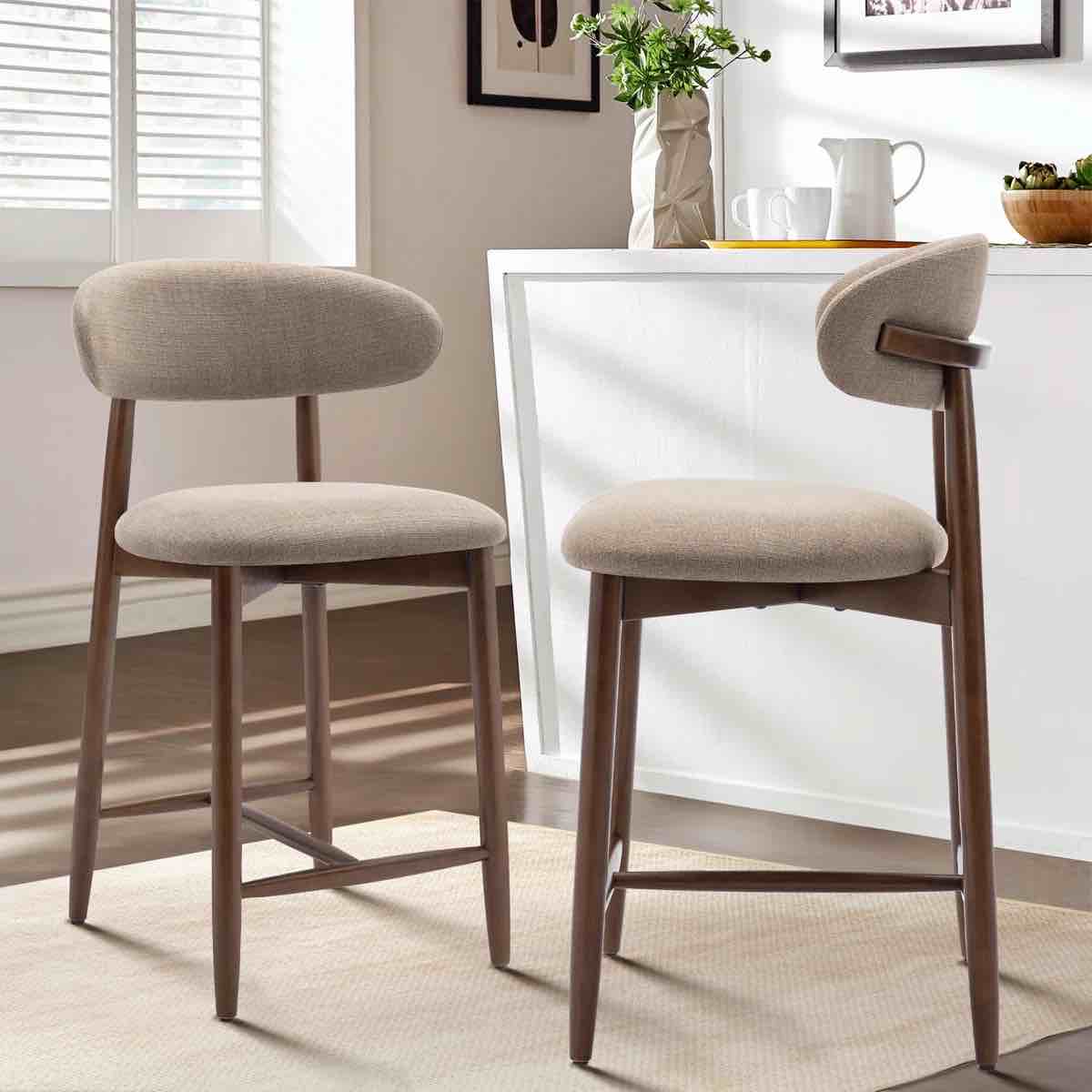 Upholstered Counter Stool Solid Wood Bar Stool (Set of 2)