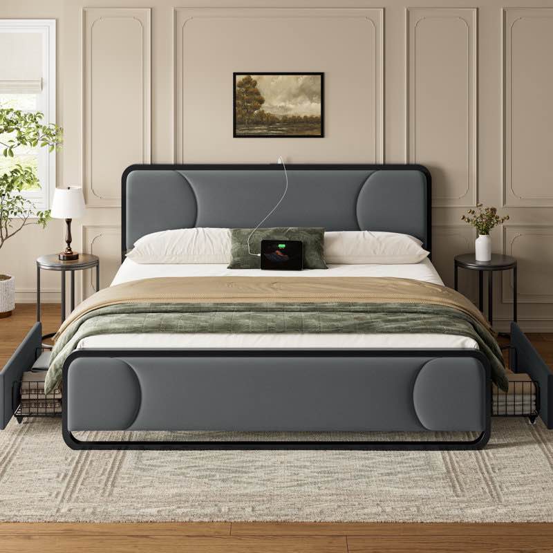 Upholstered King Platform Bed with 2 Storage Drawers, Modern Bed Frame with Charging Station, Storage Bed with Velvet Tufted Headboard, No Spring Boxing Needed
