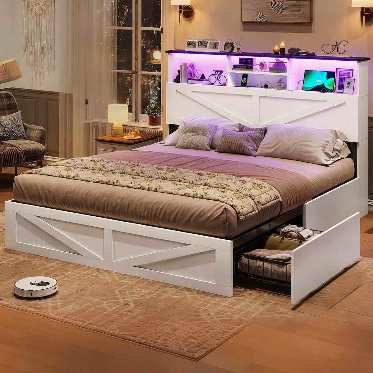 Farmhouse Full Bed Frame with LED Headboard & 4 Storage Drawers - Wooden Platform Bed, Bookcase Storage, No Box Spring Needed