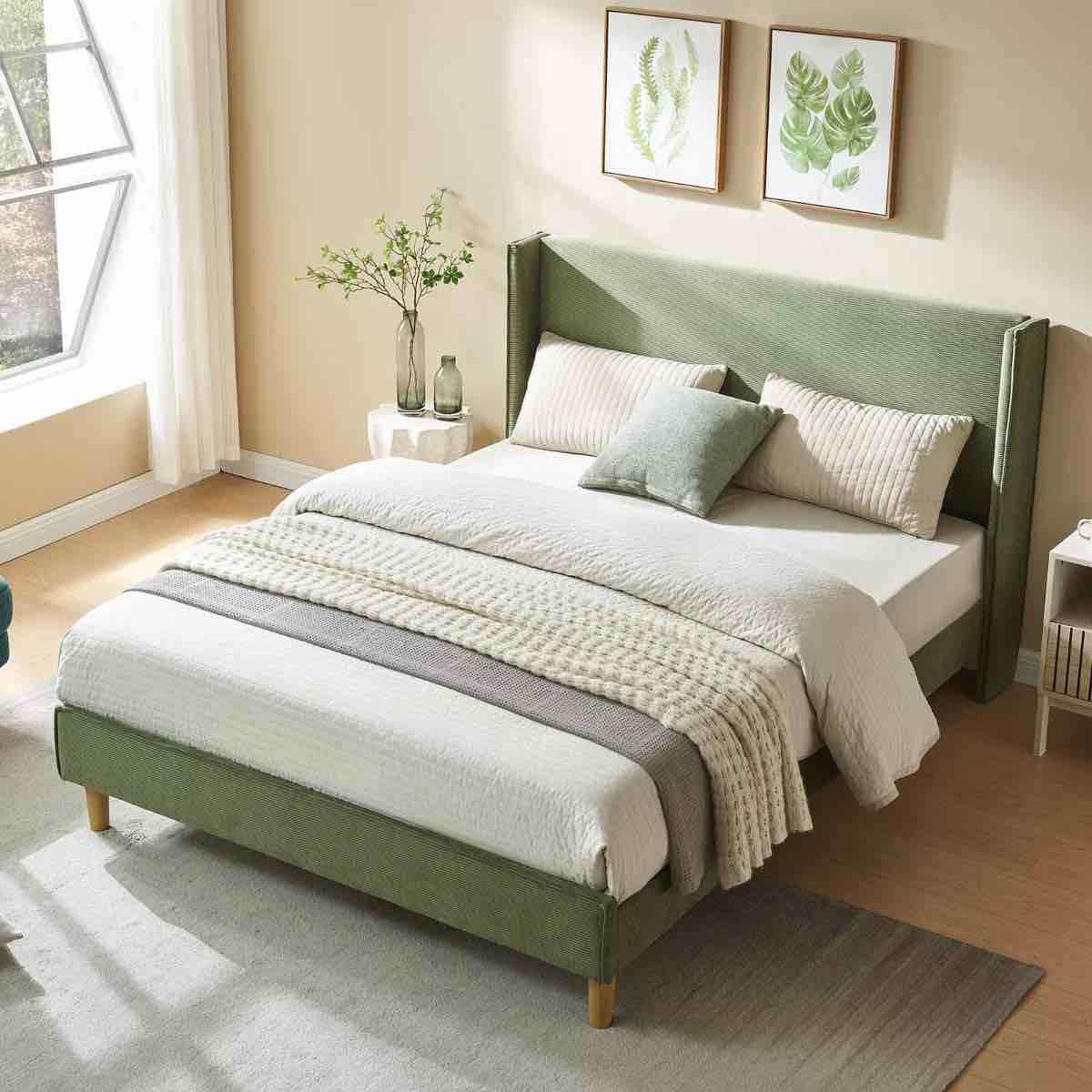 Luxury Queen Modern Wingback Corduroy Upholstered Bed