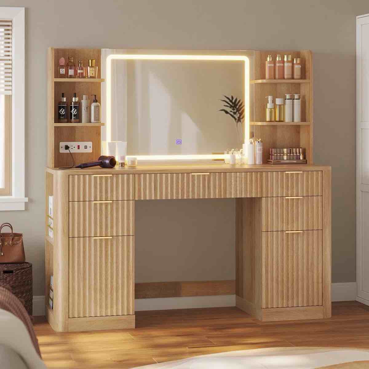Fluted Makeup Vanity Desk With Large Mirror And Lights, Vanity With Power Strip, 6 Open Shelves, 2 Cabinets,5 Drawer, Modern Dressing Table For Bedroom