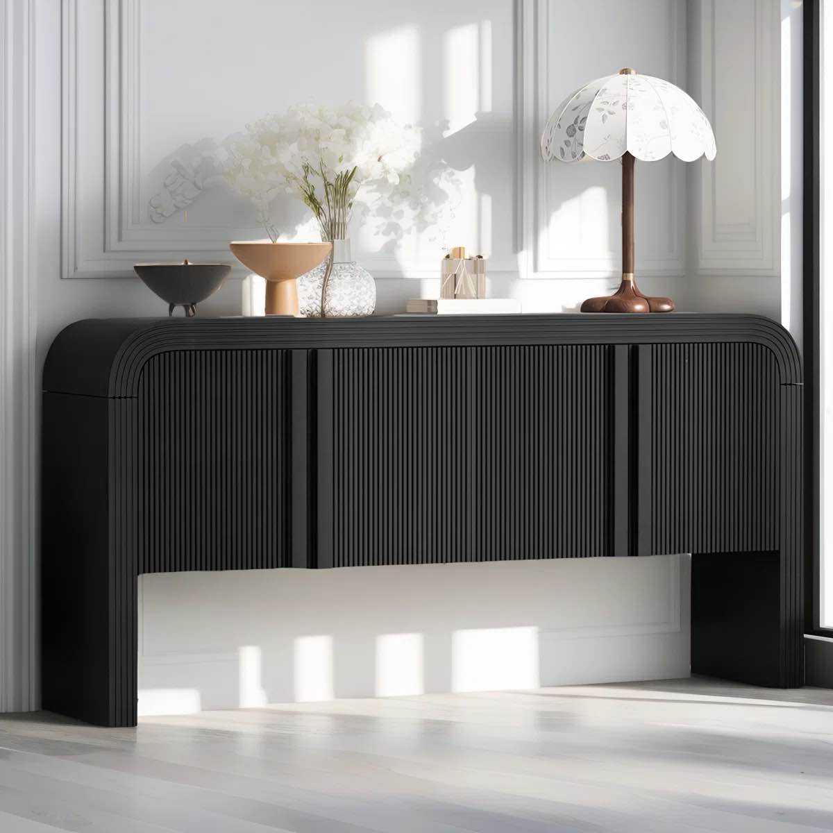 Denequa 63" Curved Sofa Entry Table with Two Cabinets, Modern Vintage Semi Circle Console Sofa Table 