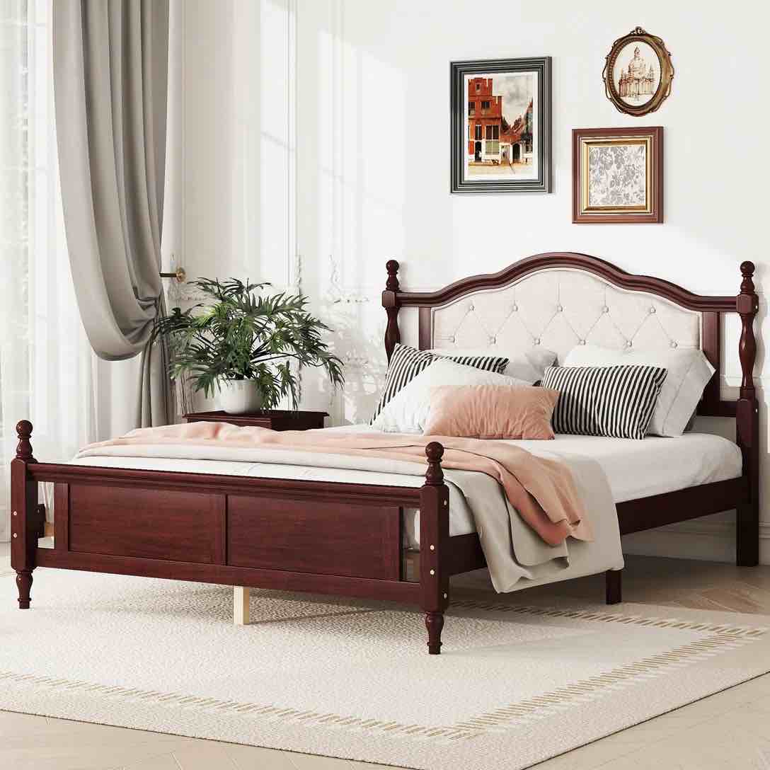 Pine wooden Bed with Upholstered Headboard and Panel Footboard Queen