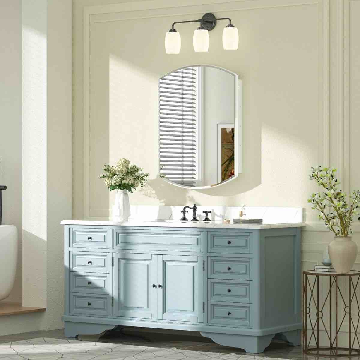 Arch Metal Framed Storage Medicine Cabinet With Beveled Mirror 