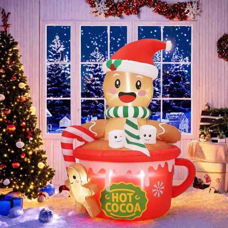 6FT Inflatable Gingerbread Man in Hot Cocoa Mug with LED Lights for Christmas Indoor Outdoor Decor
