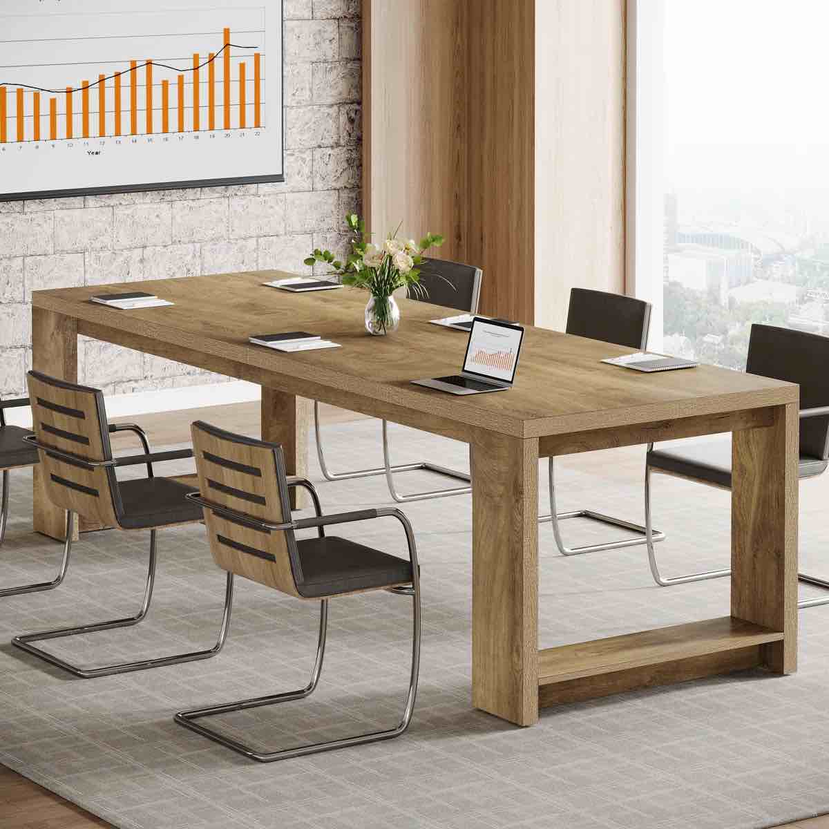 7 ft Modern Rectangle Meeting Room Desk for Boardroom, Home Office Oak Conference Table for 6 to 8 People By Millwood Pines