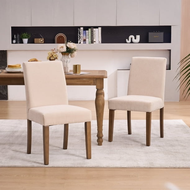 Linen Fabric Dining Chairs Set of 2, Mid-Century Modern Parsons Kitchen Chairs 18.9"H with Solid Wood Legs, Beige