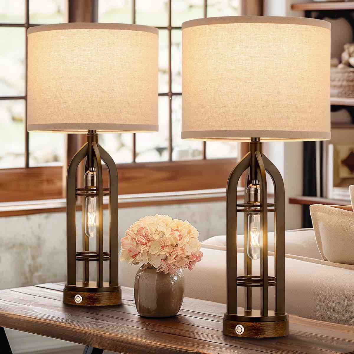 Ebern Designs  25'' Farmhouse Table Lamp Set with Rotary Socket and USB A&C Ports (Set of 2) 