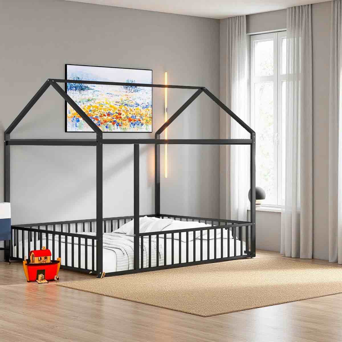 Full Size Metal Bed House Bed Frame With Fence, For Kids, Teens