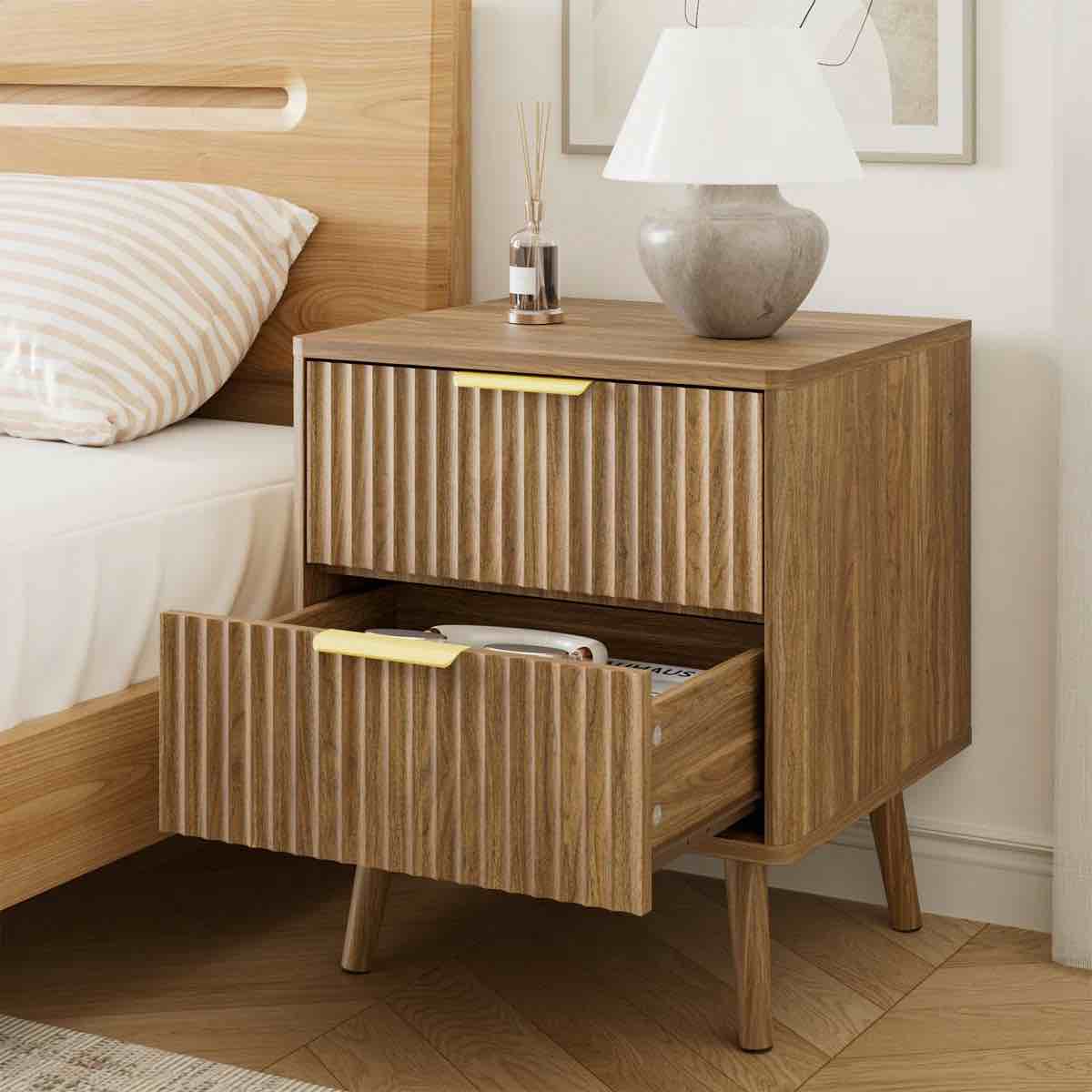 Condition photo showing Good Condition for Fluted Nightstand with Curved Profile Design, 2 Drawer End Table, by George Oliver