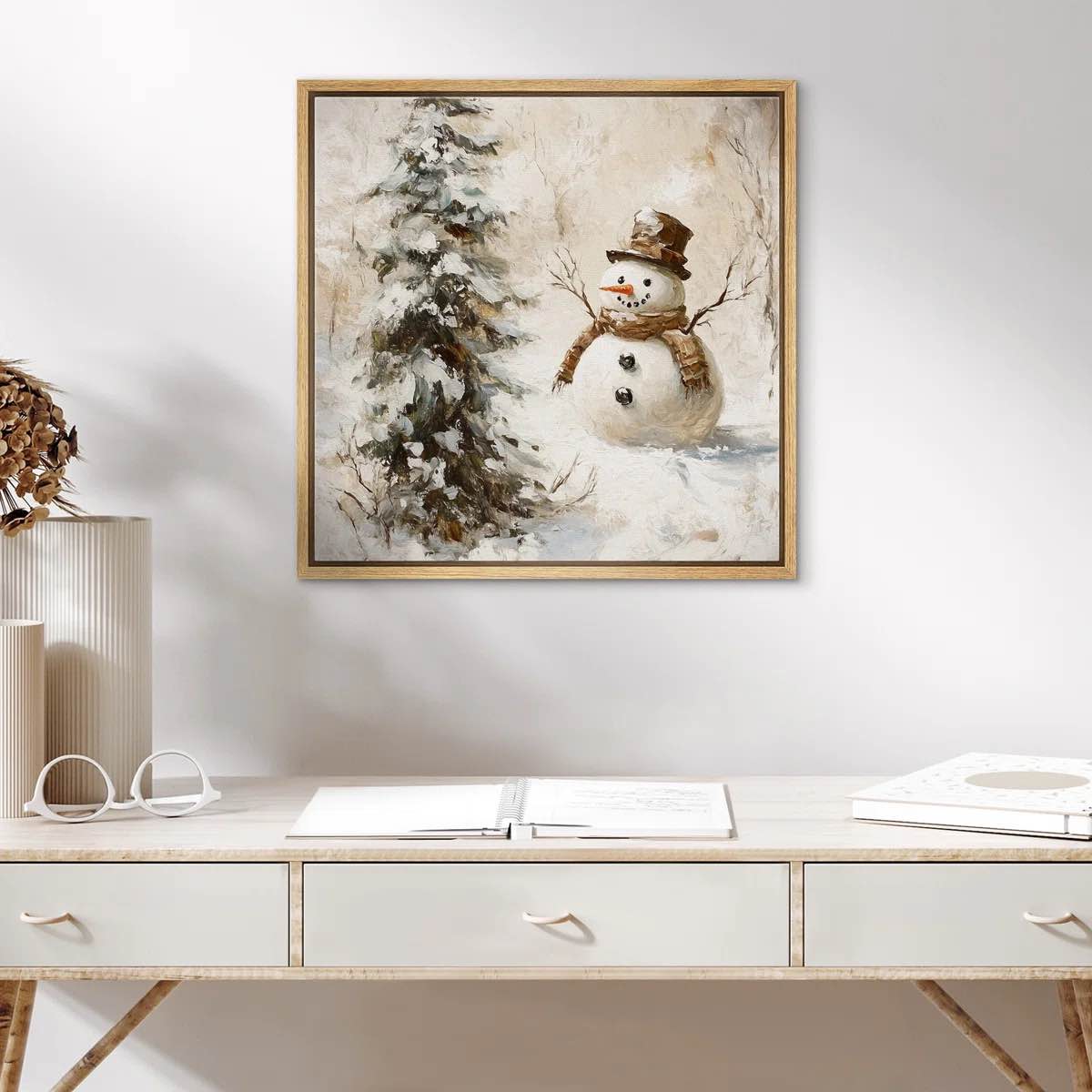 Condition photo showing New/Like New for Snowman With Christmas Tree In Winter Modern Rustic Holiday Home Decor Canvas Print Wall Art
