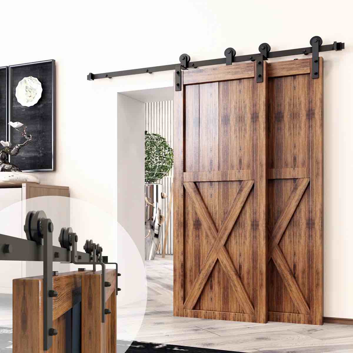 Black Rustic Straight Design Single Track Bypass Two Door Hardware Kit (Door Not Included)