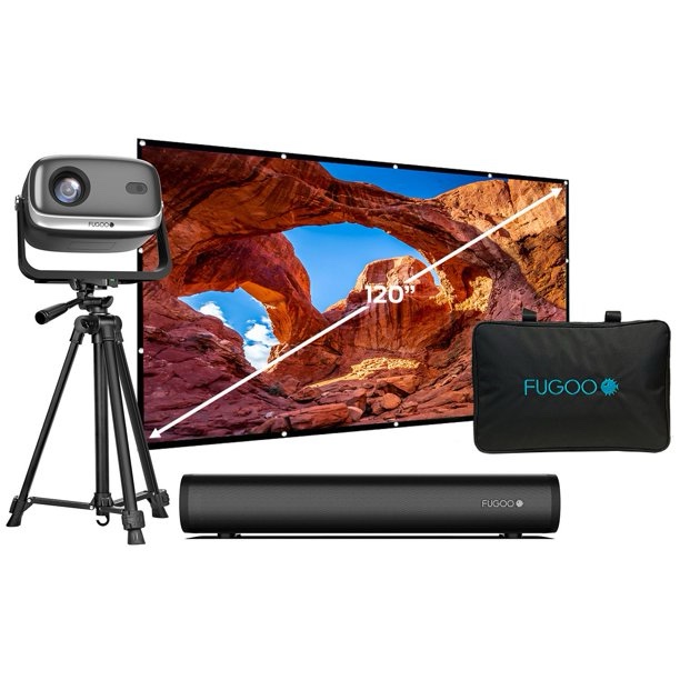 Fugoo Outdoor Projector & Soundbar Bundle with Tripod & 120" Foldable Screen 