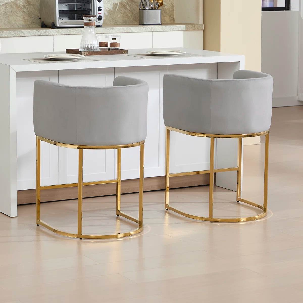 Kang Upholstered Counter Height Bar Stools, 25.5'' H Modern Barrel Counter Stools With Backs And Arms, Metal Legs, Accent Barstools For Kitchen Island/Breakfast Bar/Home Pub