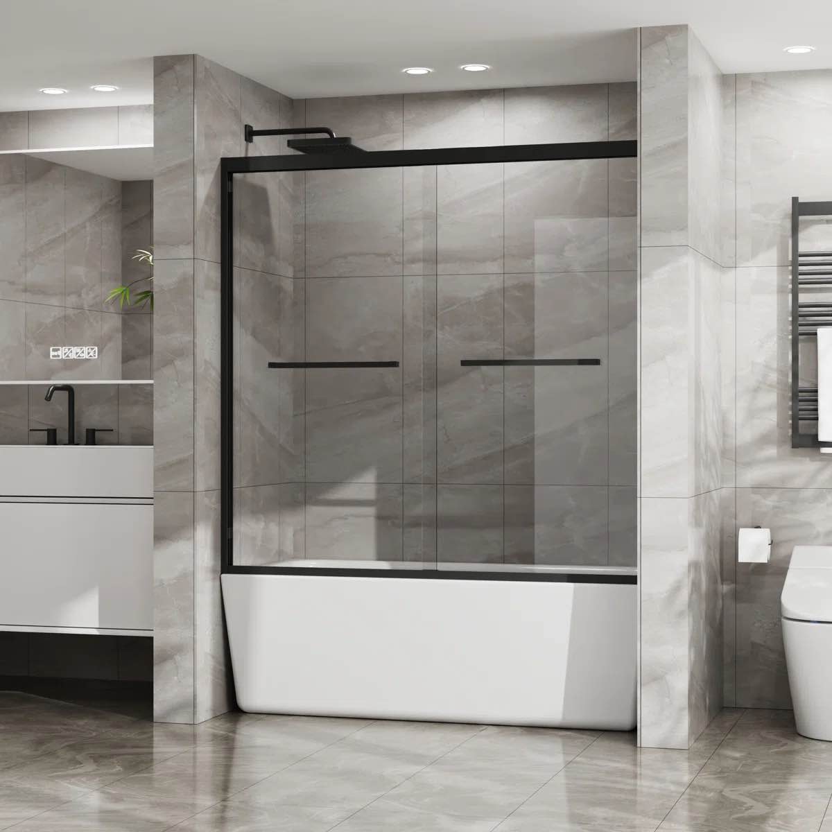 60" W x 58" H Aluminum Framed Double Sliding Bathtub Door - SGCC Clear Tempered Glass with Stainless Steel Hardware D163107685