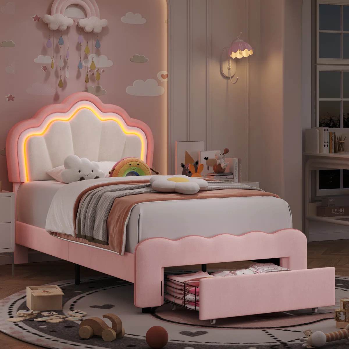 Avalie Upholstered LED Kids Bed with Drawer & Adjustable Headboard