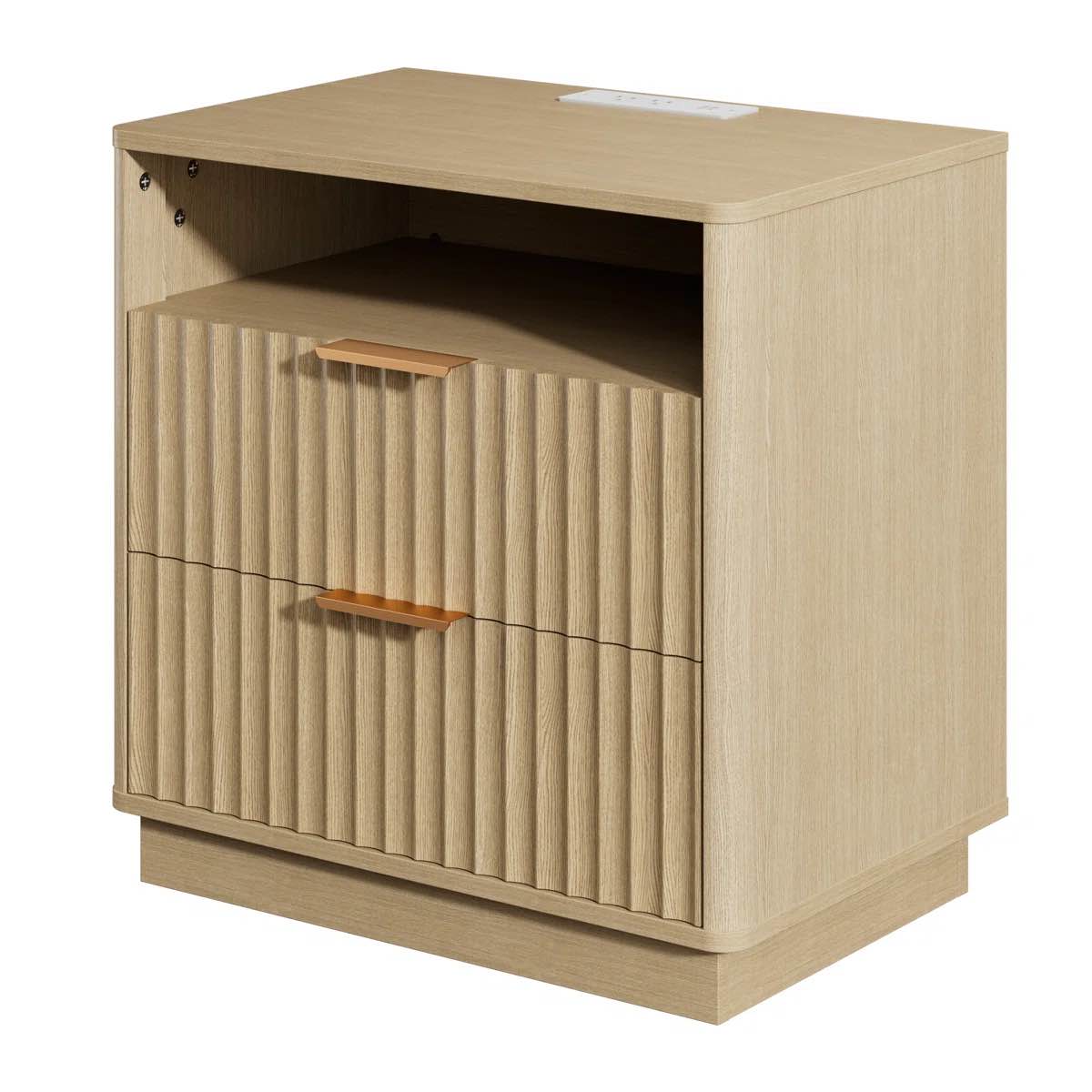 Jenkins 23''W Fluted Nightstand with 2-Drawer Open Cubby, Built-In Charger Outlets