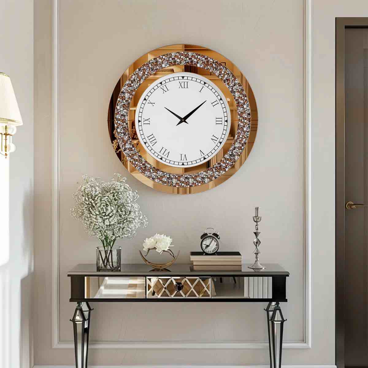 Round Mirrored Wall Clock Crushed Diamond Inlay Mirror Wall Clock Decorative 