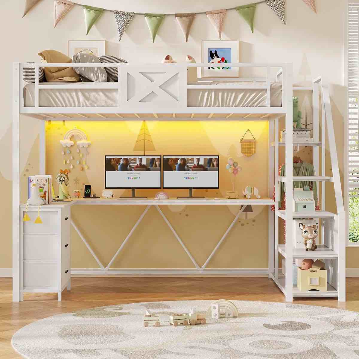Stairway Twin Metal Platform Loft Bed With L Shaped Desk And Wardrobe 3 Fabric Drawers, Led Lights 