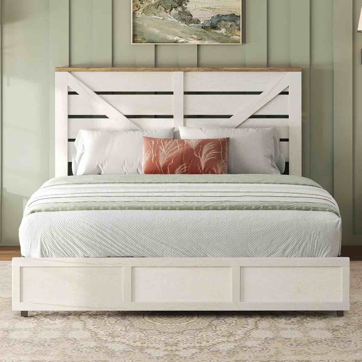 Revan Farmhouse Queen Platform Bed With Barn Door Design, White 