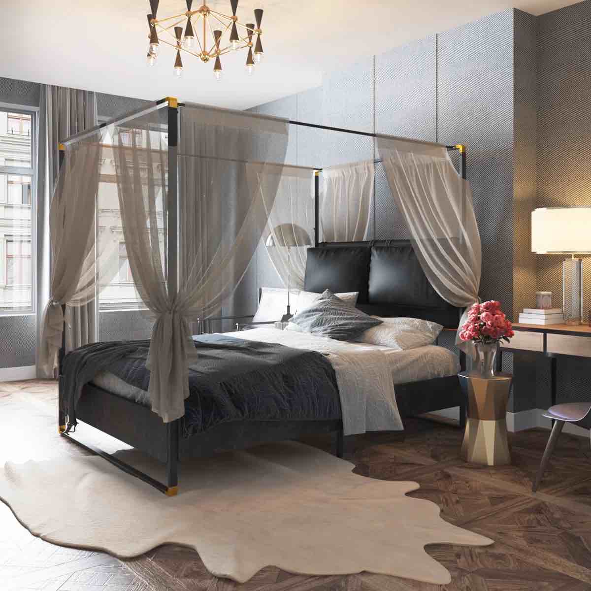 Vegan King Leather Metal Canopy Bed 