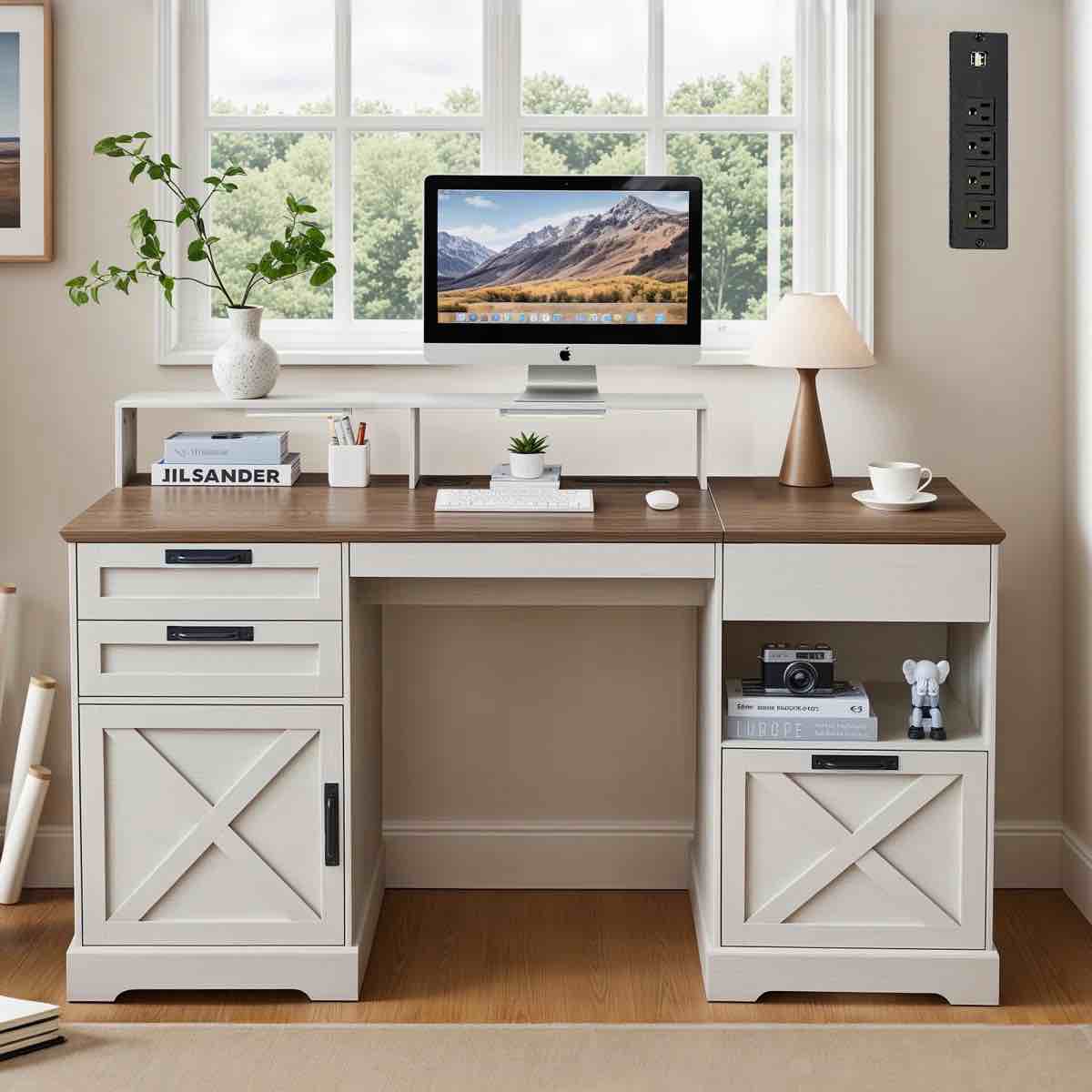 63"W Farmhouse Executive Lift Top Desk, Wood Country Rustic Home Office Desk With Charging Station, Computer Desk With 3 Drawers, Led Gaming Work Desk With Monitor Stand, White, Walnut, Gift 