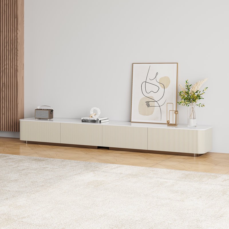 94.5" Beige Wood Patchwork Marble Countertop TV Storage Cabinet, 4 Drawers