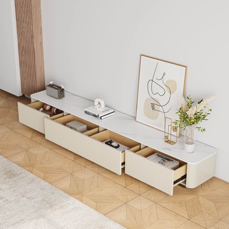 Condition photo showing New/Like New for 94.5" Beige Wood Patchwork Marble Countertop TV Storage Cabinet, 4 Drawers