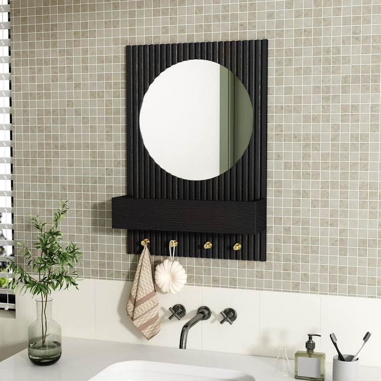 Condition photo showing New/Like New for Wood Wall Mirror with Shelf&Hooks, 24"x16" Black Wall-Mounted Mirrors with Streamlined Texture Hanging Decorative Modern Mirrors for Entryway, Bathroom, Bedroom, Living Room